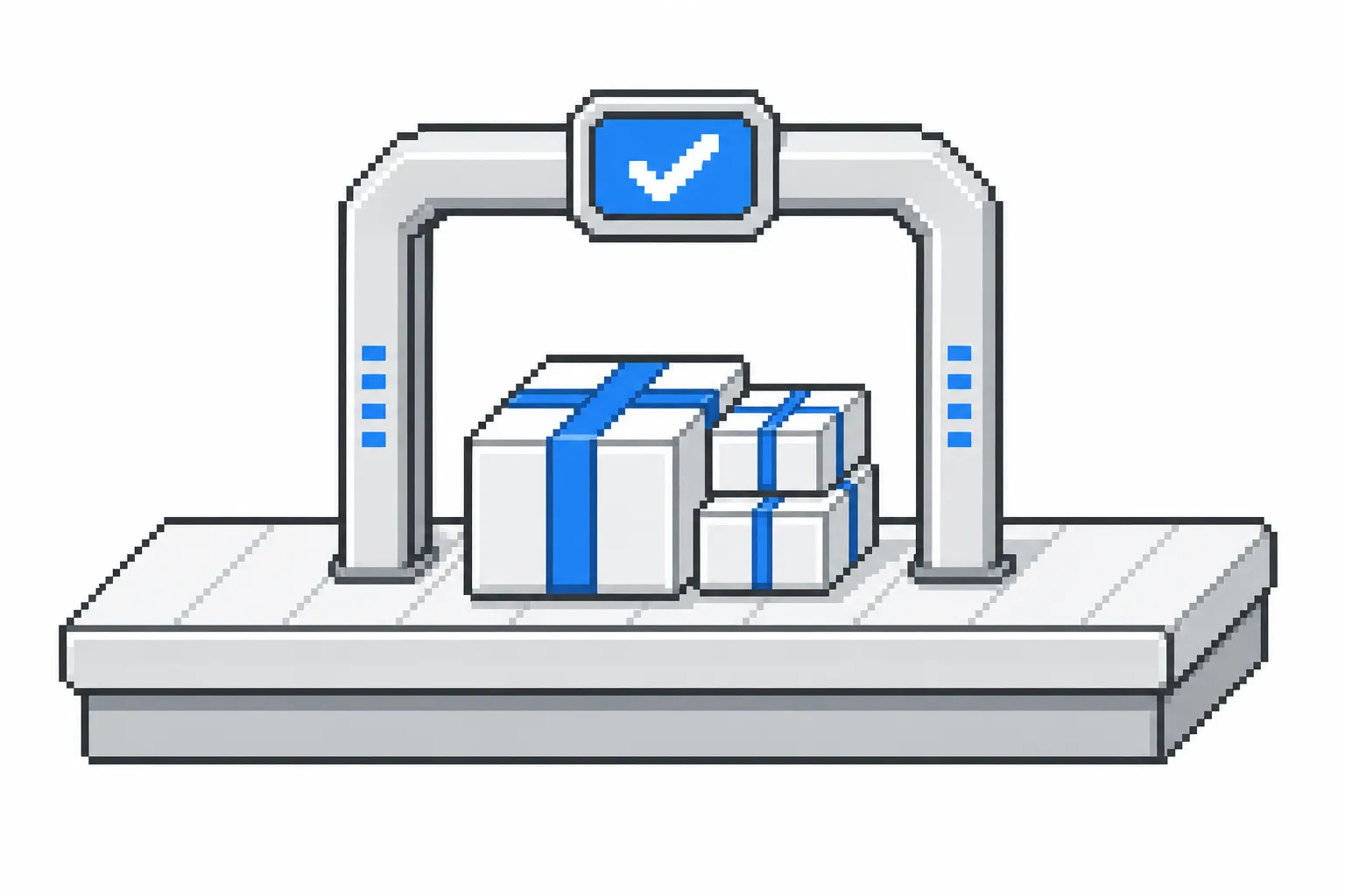 A 16-bit pixel art illustration on a flat white background depicting a minimalist workbench surface where a packaged plugin bundle passes through a simple scanner arch with a checkmark verification indicator in a neutral and digital blue palette.