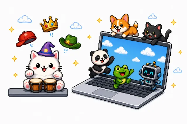 Pixel art of a round white cat drumming on a taskbar next to a laptop where colorful OpenPets desktop pets walk and climb across the screen