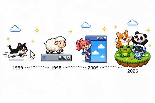 Pixel art timeline of desktop pets: Neko the cursor-chasing cat in 1989, the eSheep desktop sheep in 1995, a Shimeji mascot climbing a window in 2009, and OpenPets companions in 2026