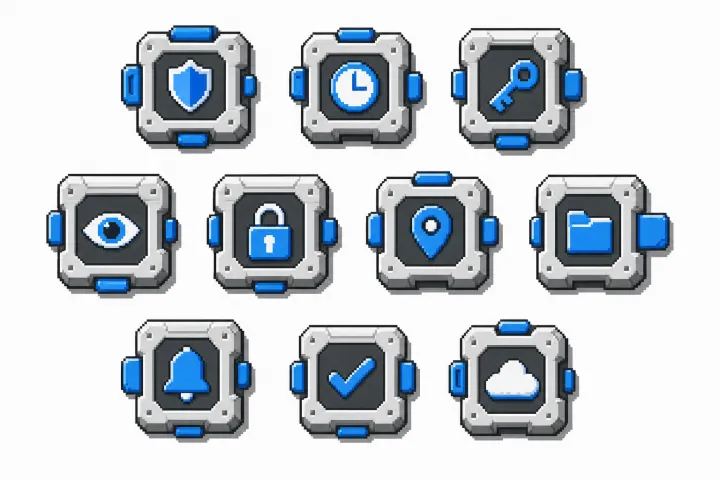 A 16-bit pixel art illustration on a flat white background showing plug-in tiles with visible permission tags depicted as clean pictograms like shields, keys, and clocks, using a neutral and site-blue color palette.