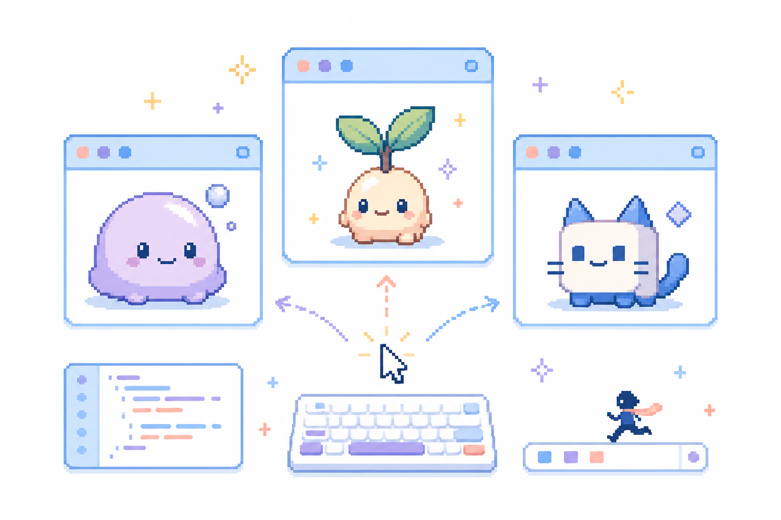 Pixel art editorial illustration contrasting desktop mascot features, platform runtimes, and pet interaction styles
