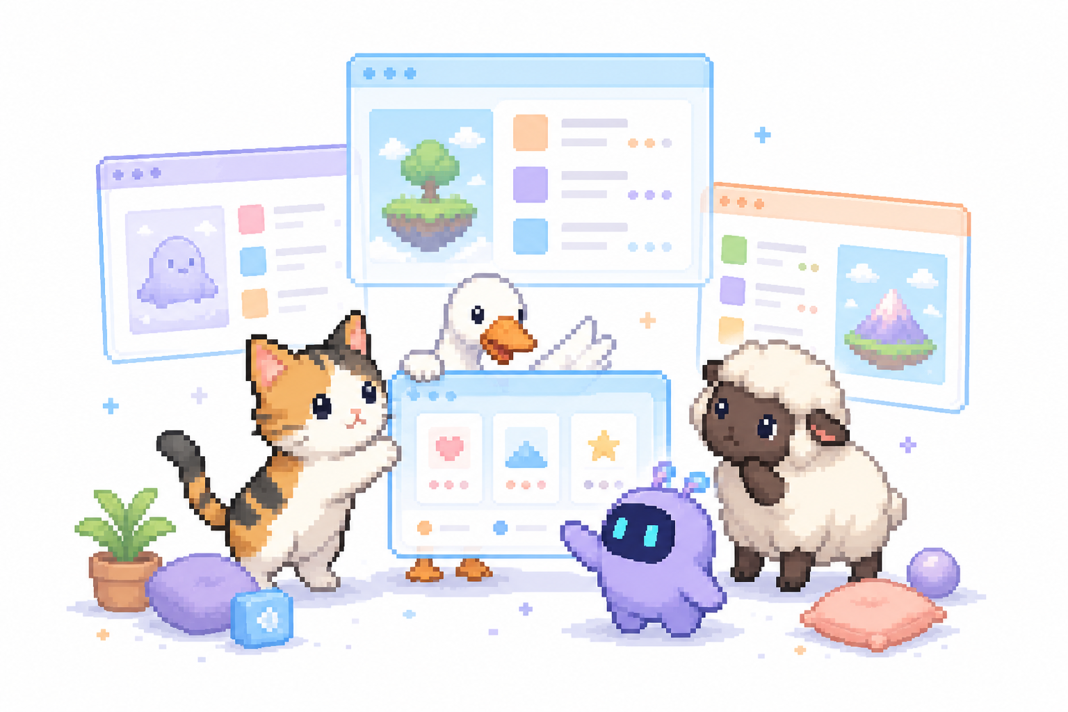 Pixel art illustration of OpenPets desktop companions alongside classic desktop mascot apps