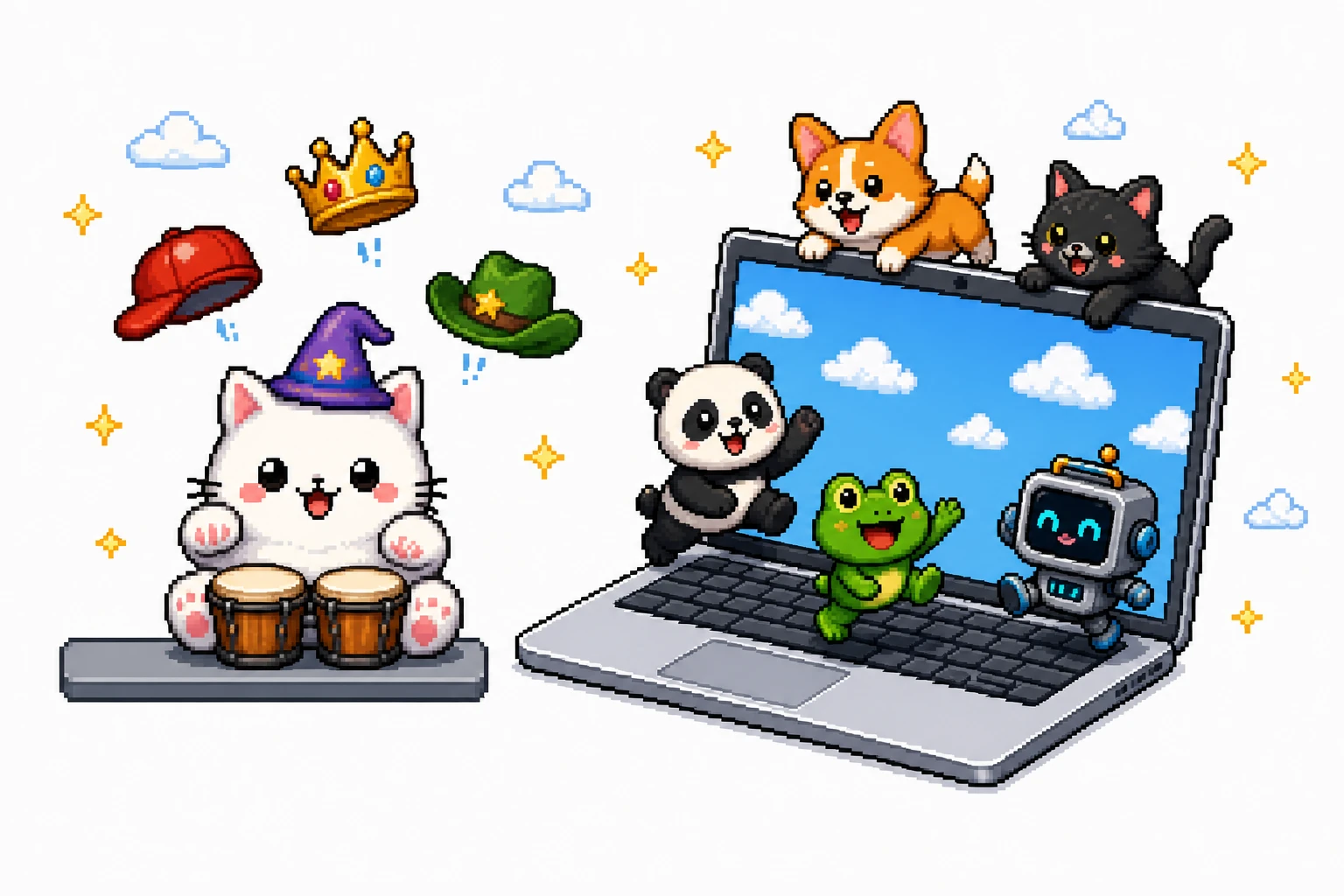 Pixel art of a round white cat drumming on a taskbar next to a laptop where colorful OpenPets desktop pets walk and climb across the screen