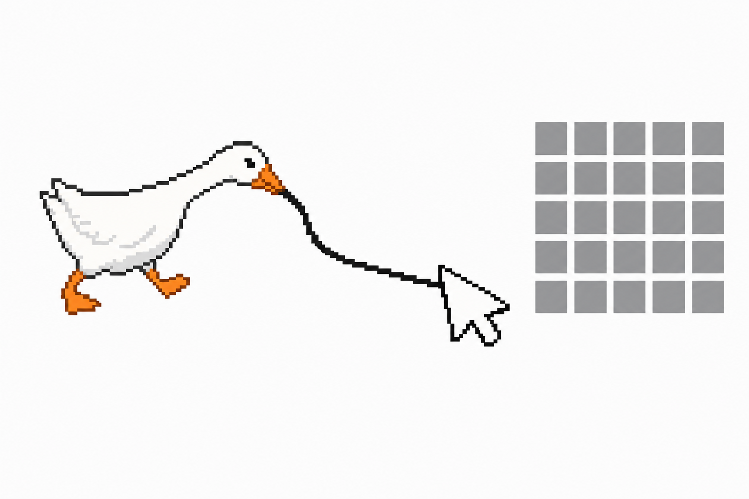 Pixel art desktop goose tugging a cursor between two monitors while a macOS laptop shows an itch.io download page