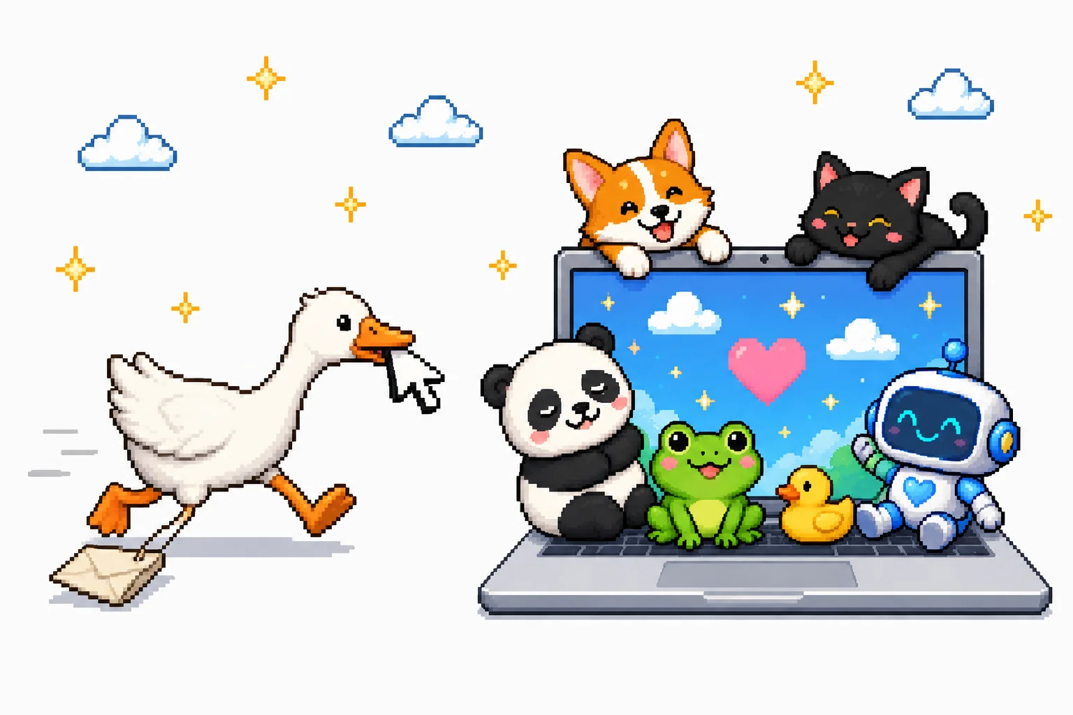 Pixel art of a mischievous white goose dragging a note across a desktop while calm colorful OpenPets companions relax on a laptop nearby