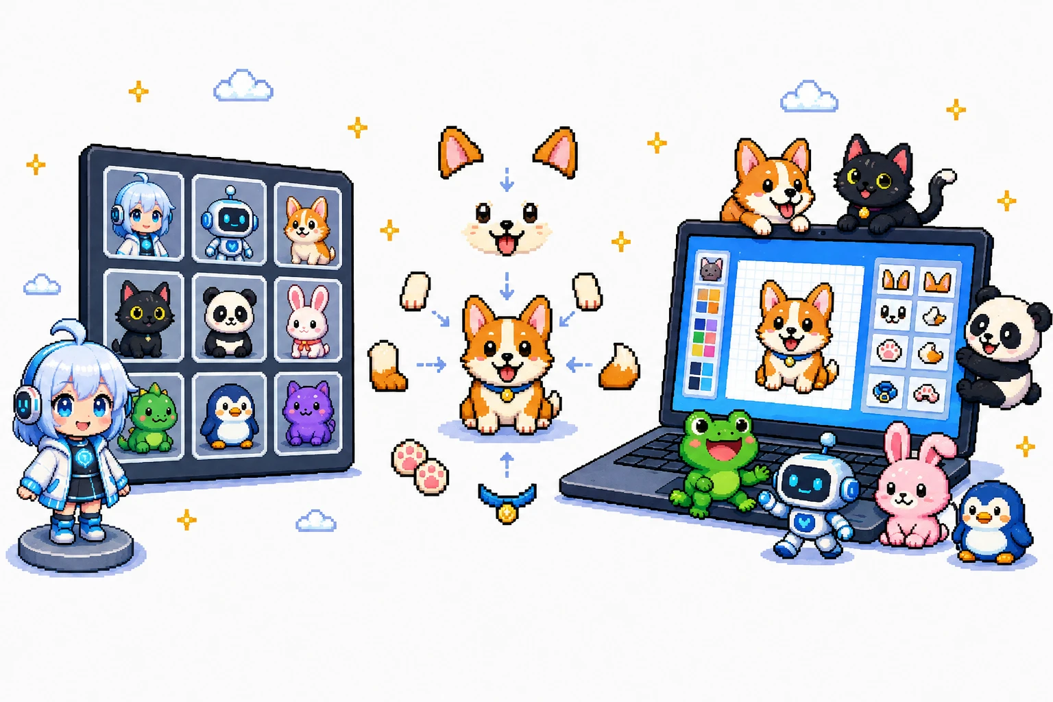 Pixel art desktop companion scene with a character selector, a laptop, and custom pet artwork