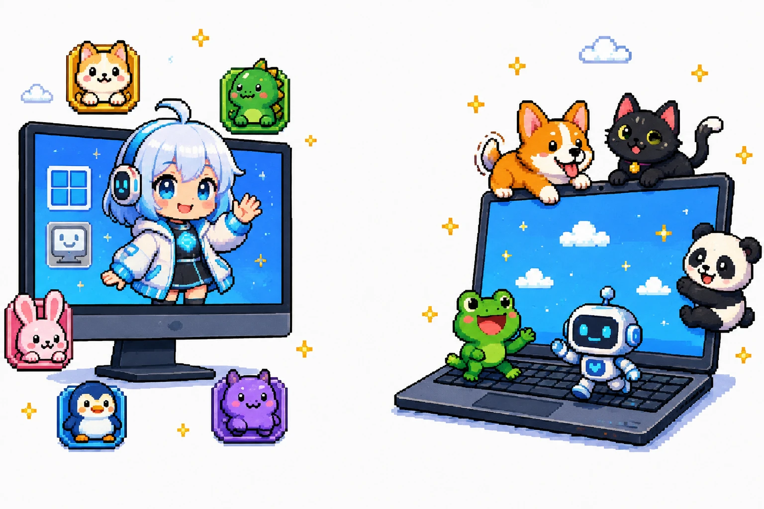 Pixel art desktop scene comparing a 3D character companion with a colorful collection of OpenPets companions
