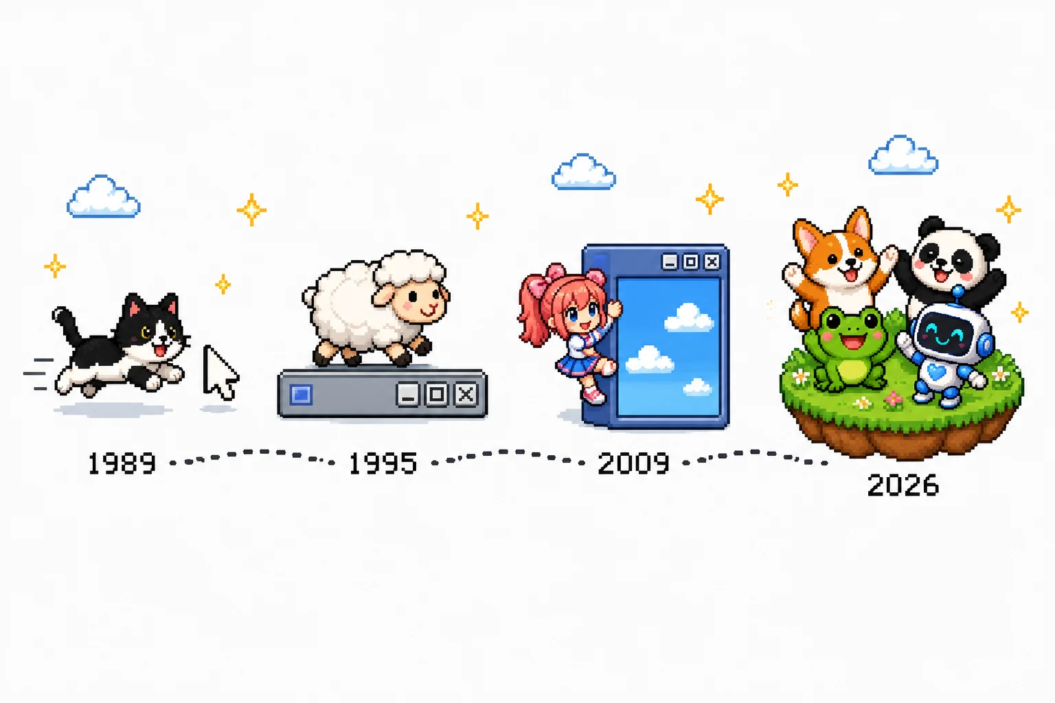 Pixel art timeline of desktop pets: Neko the cursor-chasing cat in 1989, the eSheep desktop sheep in 1995, a Shimeji mascot climbing a window in 2009, and OpenPets companions in 2026