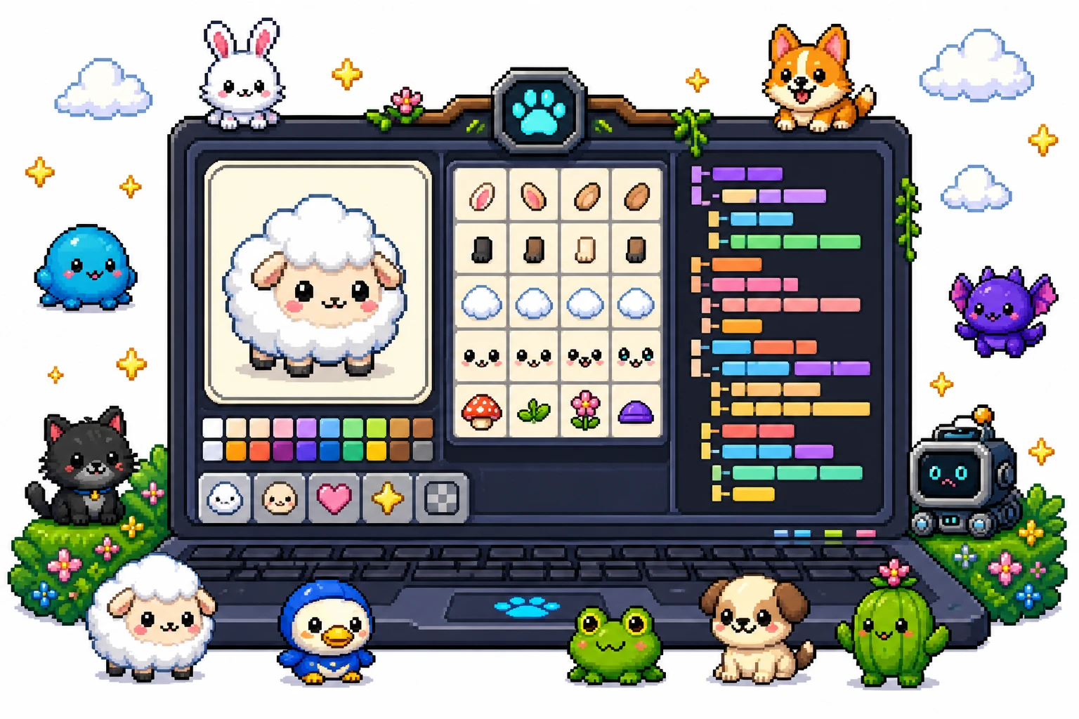 Pixel art desktop pet editor showing XML and PNG character pieces beside a multi-pet desktop scene