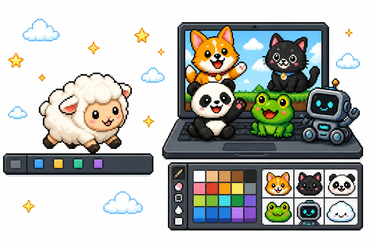 Pixel art eSheep-style desktop companion walking beside a collection of colorful OpenPets characters