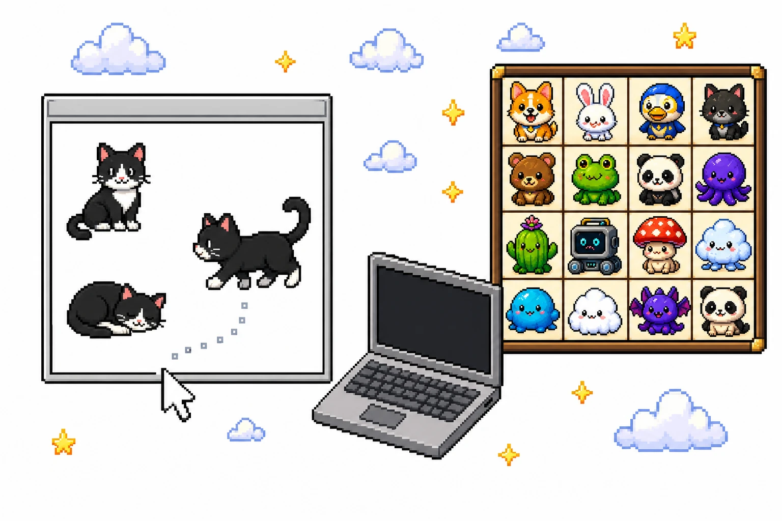 Pixel art comparison of an X11 desktop window with built-in Oneko cat variants and an OpenPets pet gallery