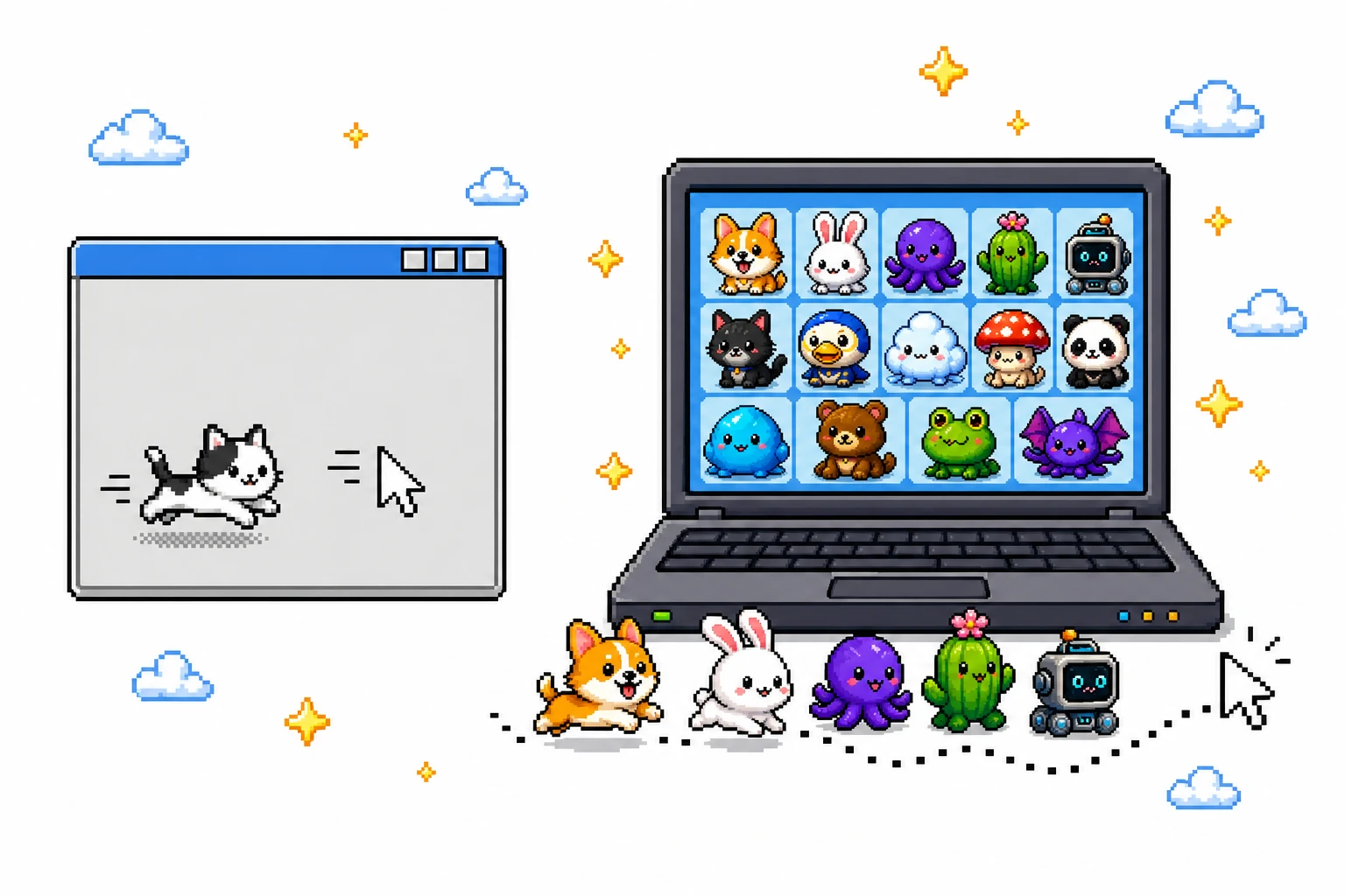 Pixel art X11 cat following a mouse pointer beside a colorful collection of OpenPets companions