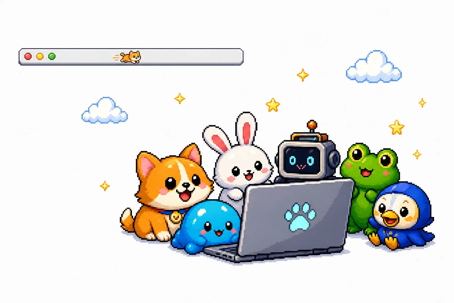 Pixel art comparison of the original RunCat menu-bar runner, official skins, and an OpenPets desktop pet gallery