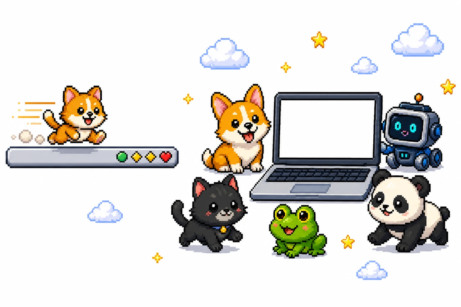 Pixel art cat runner in a macOS menu bar beside a desktop full of OpenPets companions