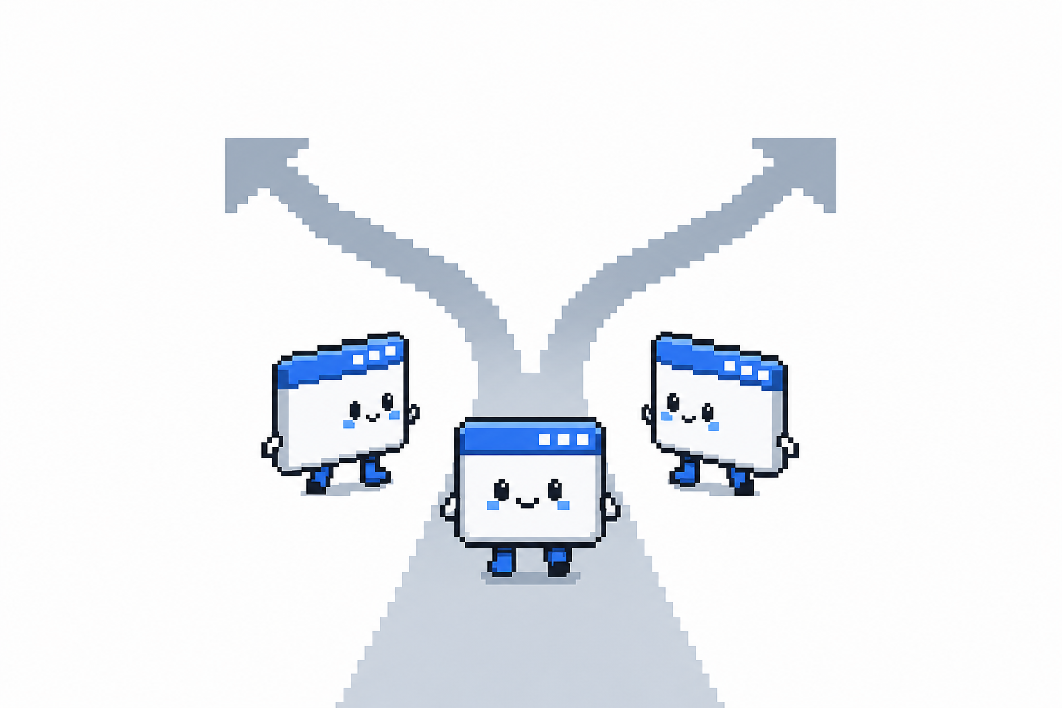 Pixel art Shijima-Qt mascot beside Linux desktop windows, a Wayland warning sign, and a second monitor