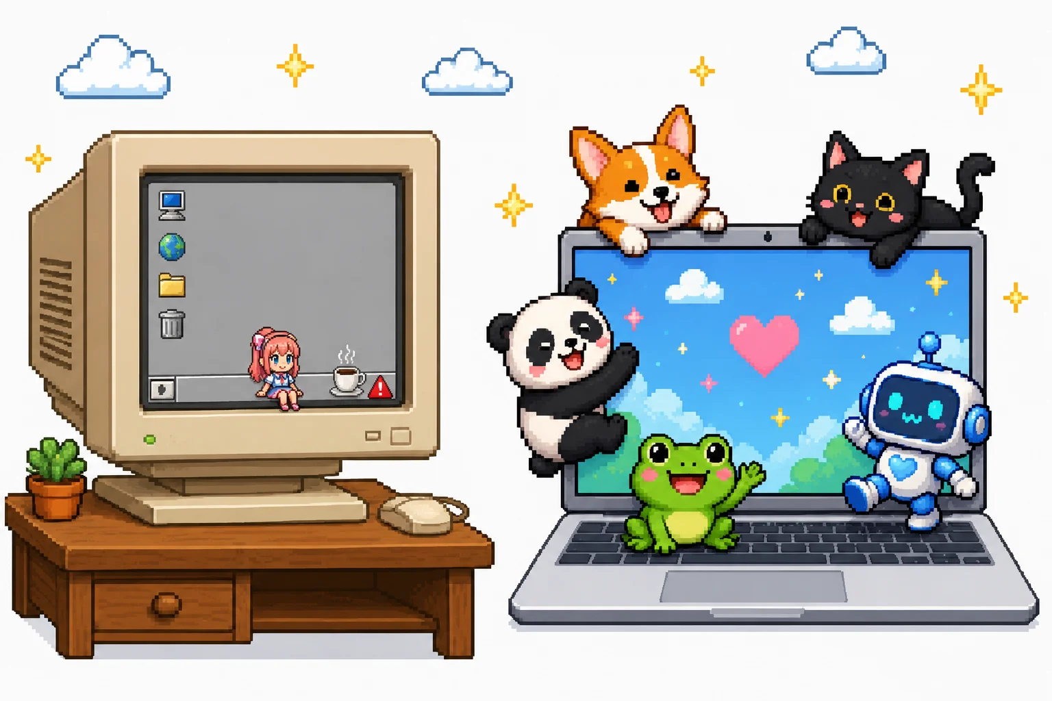 Pixel art of a retro CRT computer running a Java desktop mascot next to a modern laptop covered in colorful OpenPets desktop pets