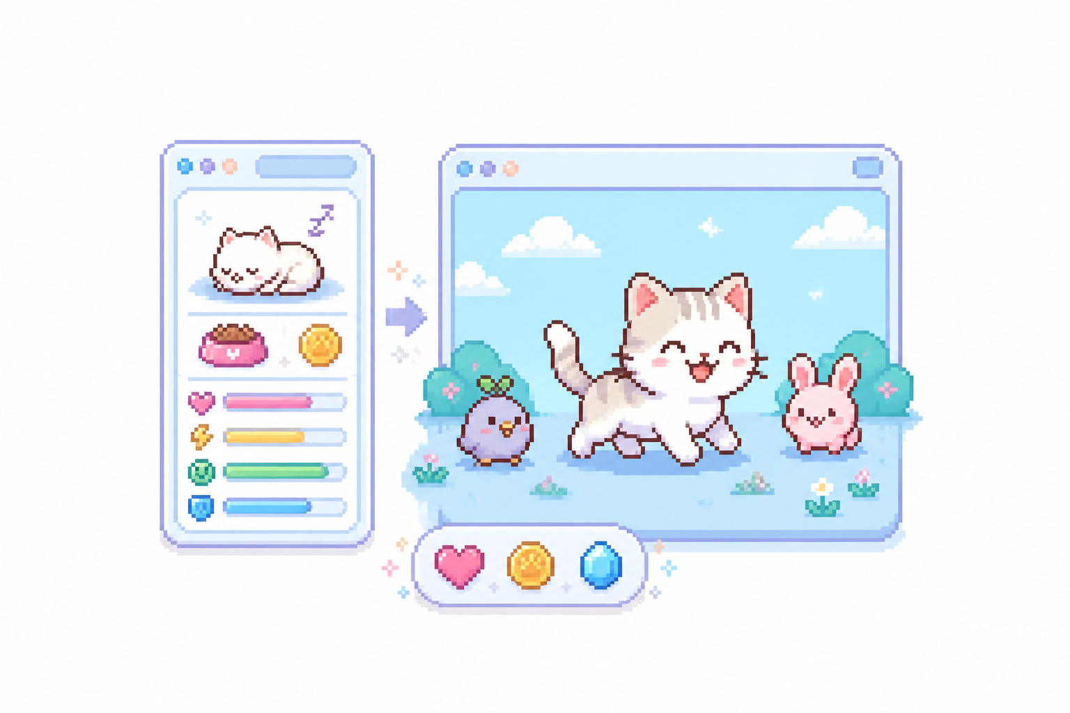 Pixel art illustration contrasting a virtual pet care dashboard with a group of free-roaming desktop companions