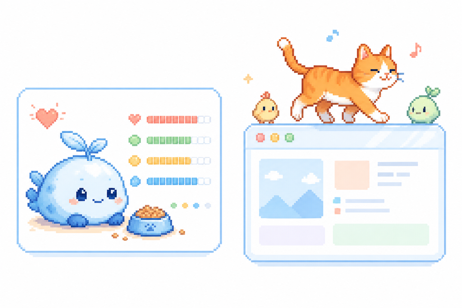 Pixel art illustration contrasting a virtual pet care screen with a free-roaming orange desktop cat and companion sprites