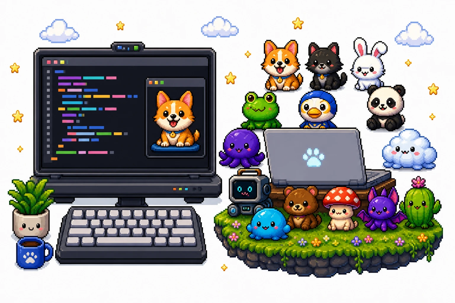 Pixel art comparison of a VS Code pet panel, its built-in animals, and an OpenPets desktop gallery