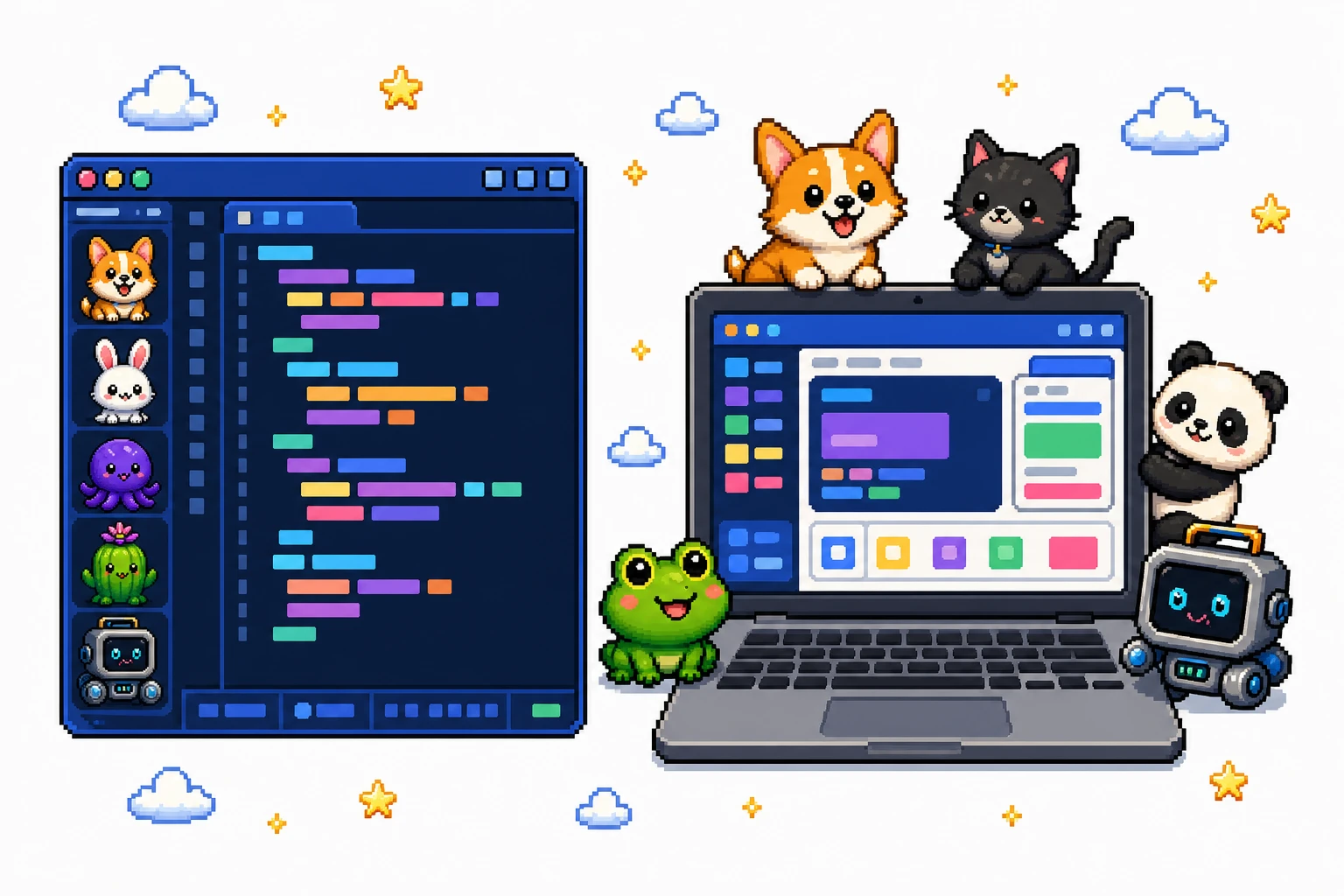 Pixel art VS Code panel with several pets beside OpenPets companions walking across a desktop