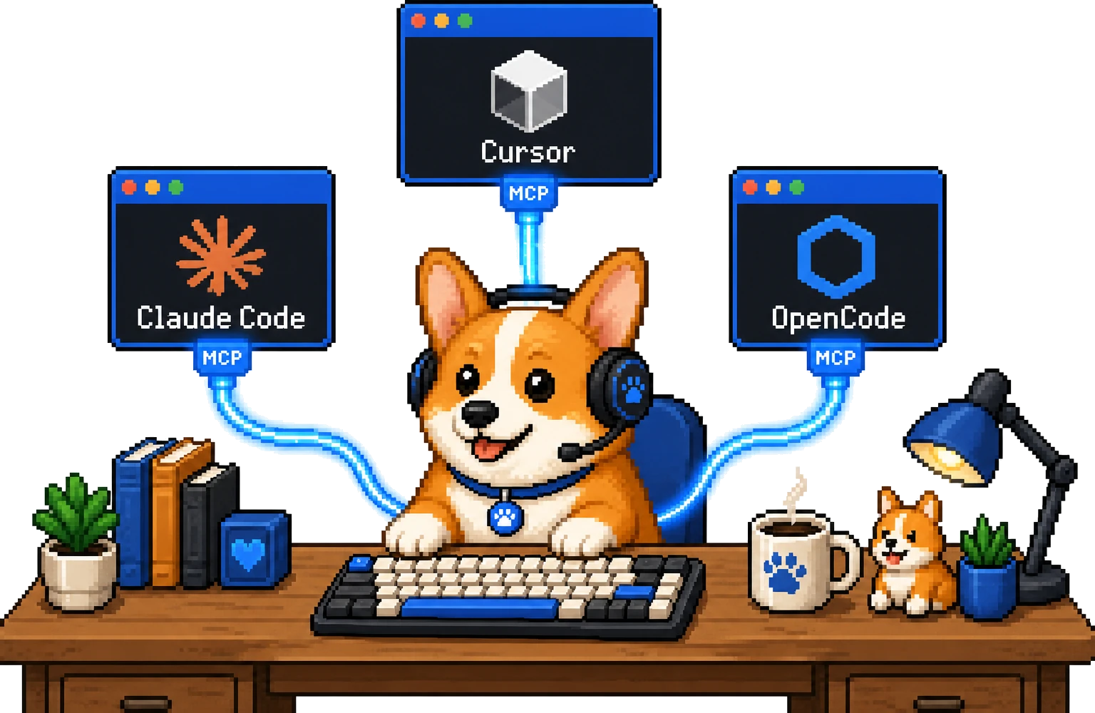 Pixel-art corgi wearing a headset at a desk, connected by glowing MCP cables to three terminal windows for Claude Code, Cursor and OpenCode.