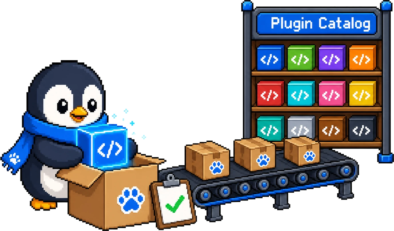 A 16-bit pixel art illustration on a flat white background depicting a minimalist workbench surface where a packaged plugin bundle passes through a simple scanner arch with a checkmark verification indicator in a neutral and digital blue palette.