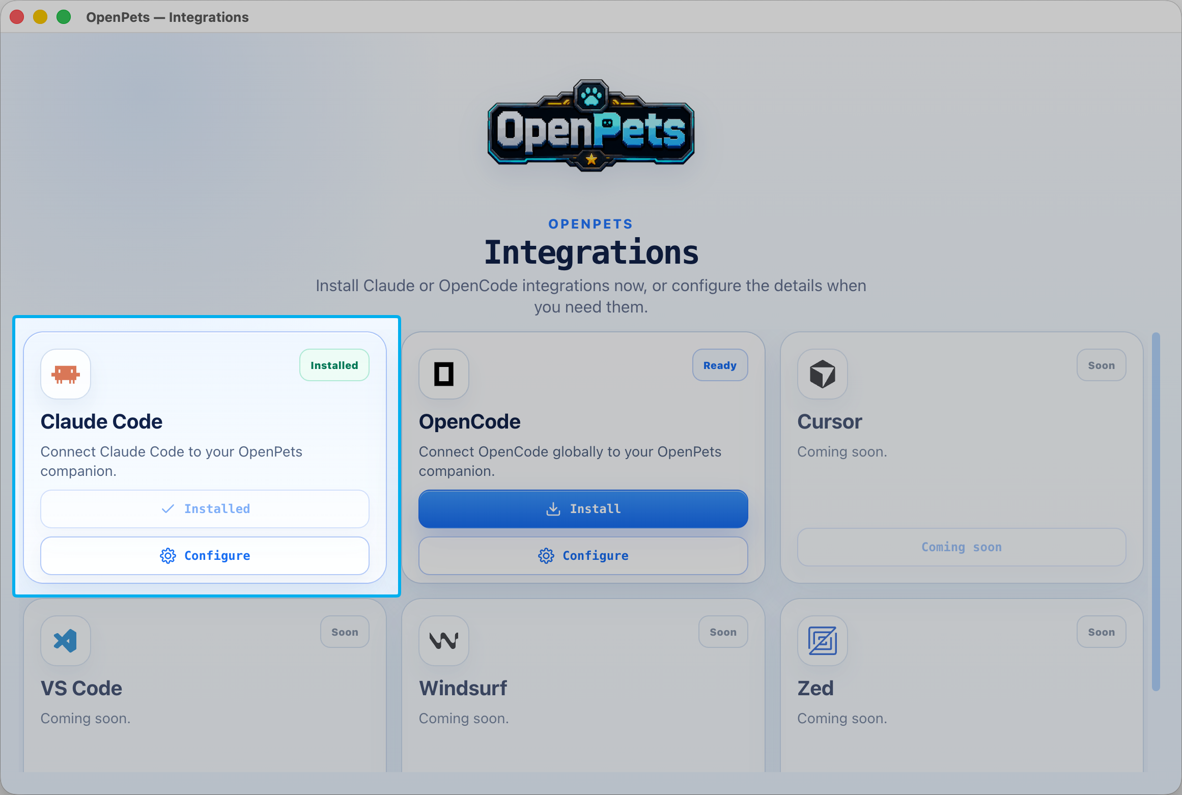 OpenPets 集成窗口，显示已安装的 Claude Code 卡片和其他编辑器集成卡片。