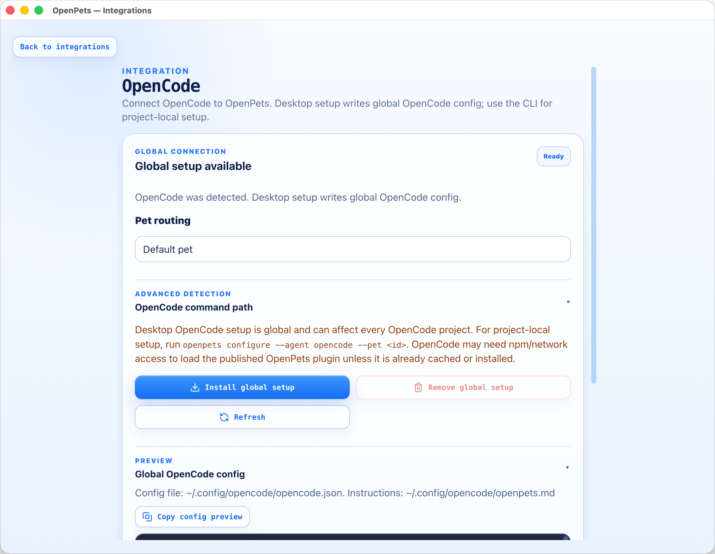 OpenCode setup detail page showing global setup status, pet routing, advanced detection, install and remove buttons, and config preview.