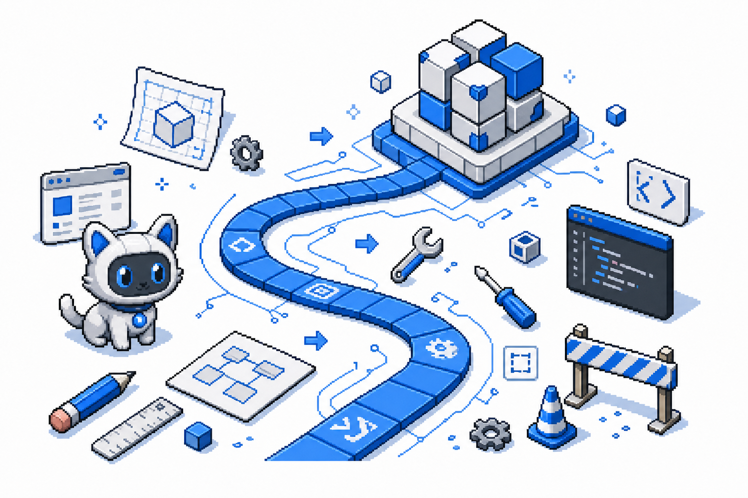 Uma ilustração em pixel art de 16 bits sobre fundo branco plano mostrando um simpático pet de desktop em pixel art sobre um caminho digital que segue até um emblema de blocos de construção, cercado por esboços e ferramentas em uma paleta neutra e azul digital.