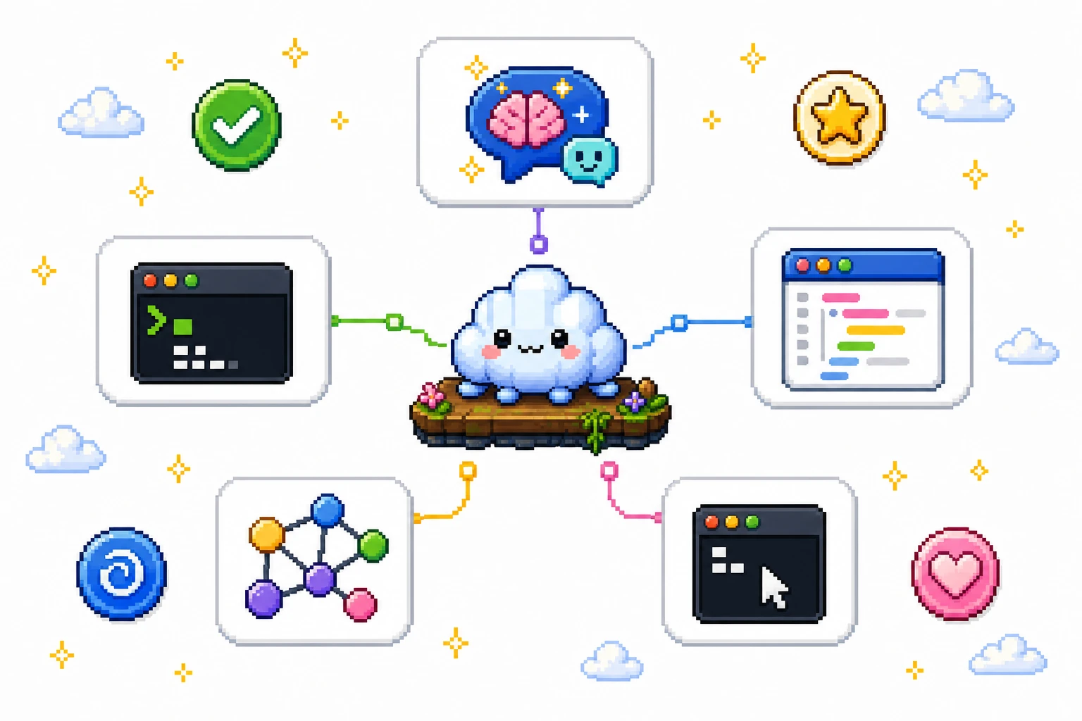 White pixel-art editorial illustration of Claude, OpenCode, Cursor, MCP, and CLI connections to OpenPets