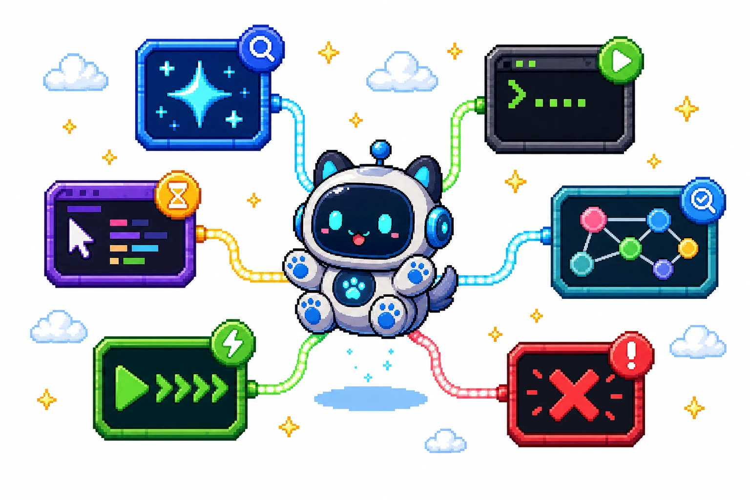 White editorial pixel-art scene of an OpenPets companion connected to external coding tools