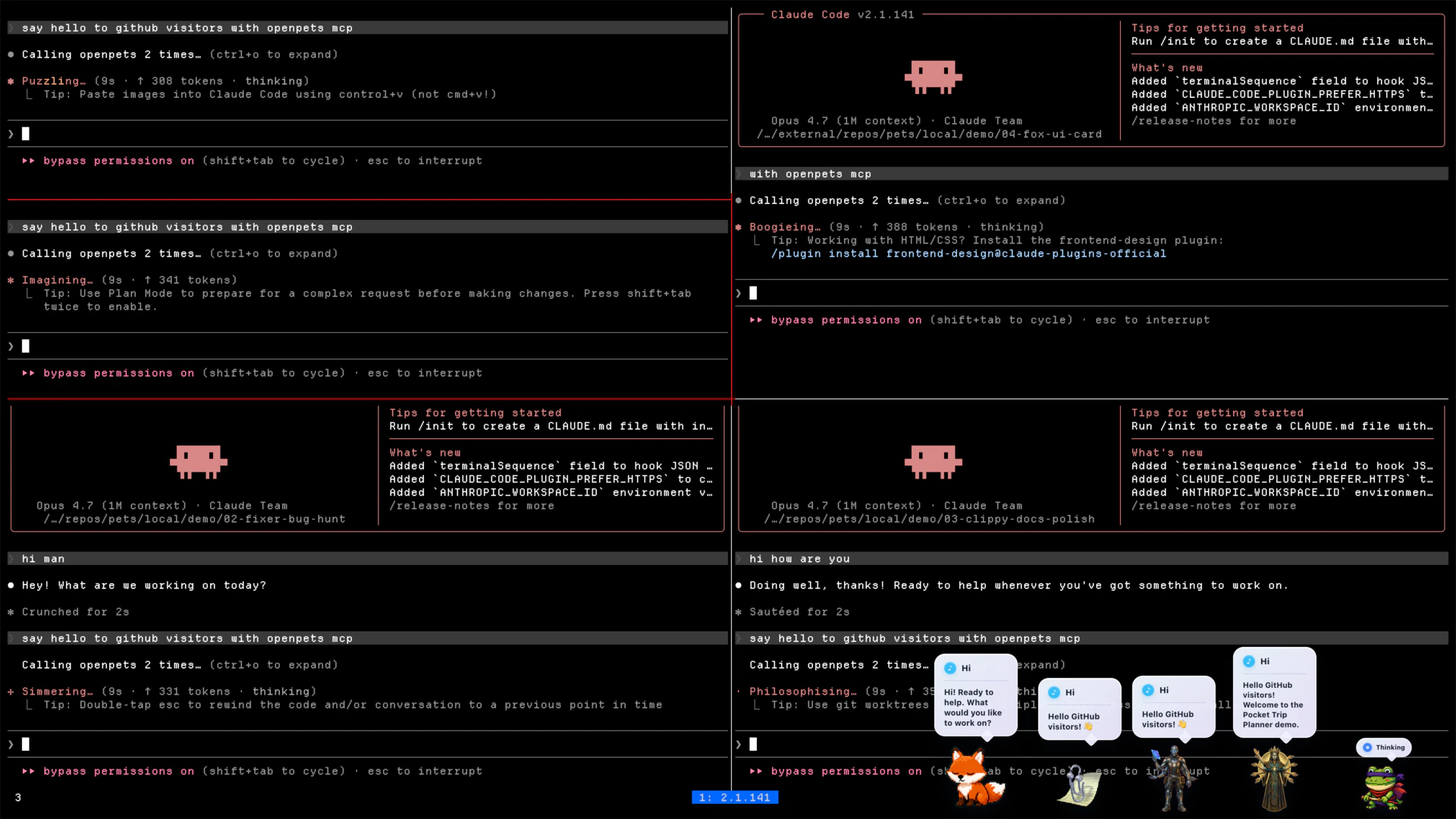 Four Claude Code terminal panes running with OpenPets companions greeting visitors in speech bubbles