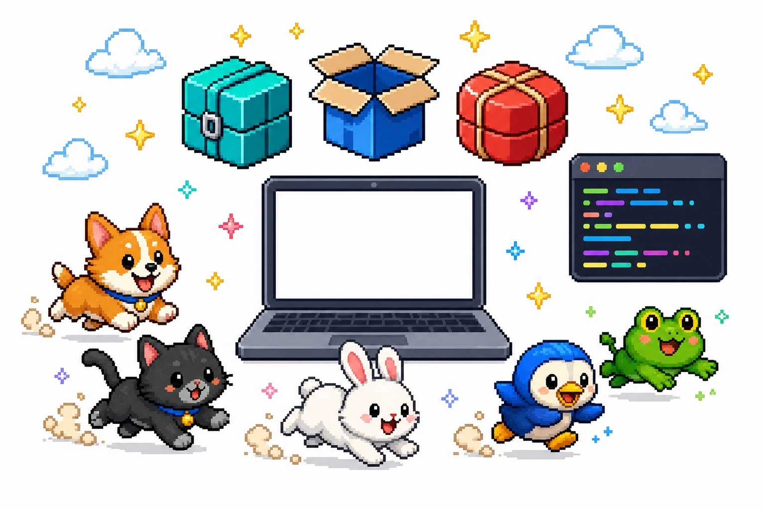 White pixel-art editorial illustration of AppImage, DEB, and RPM Linux packages