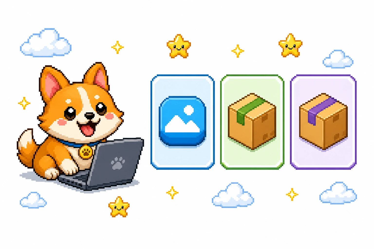 White editorial pixel-art scene of an OpenPets companion beside Linux package download cards