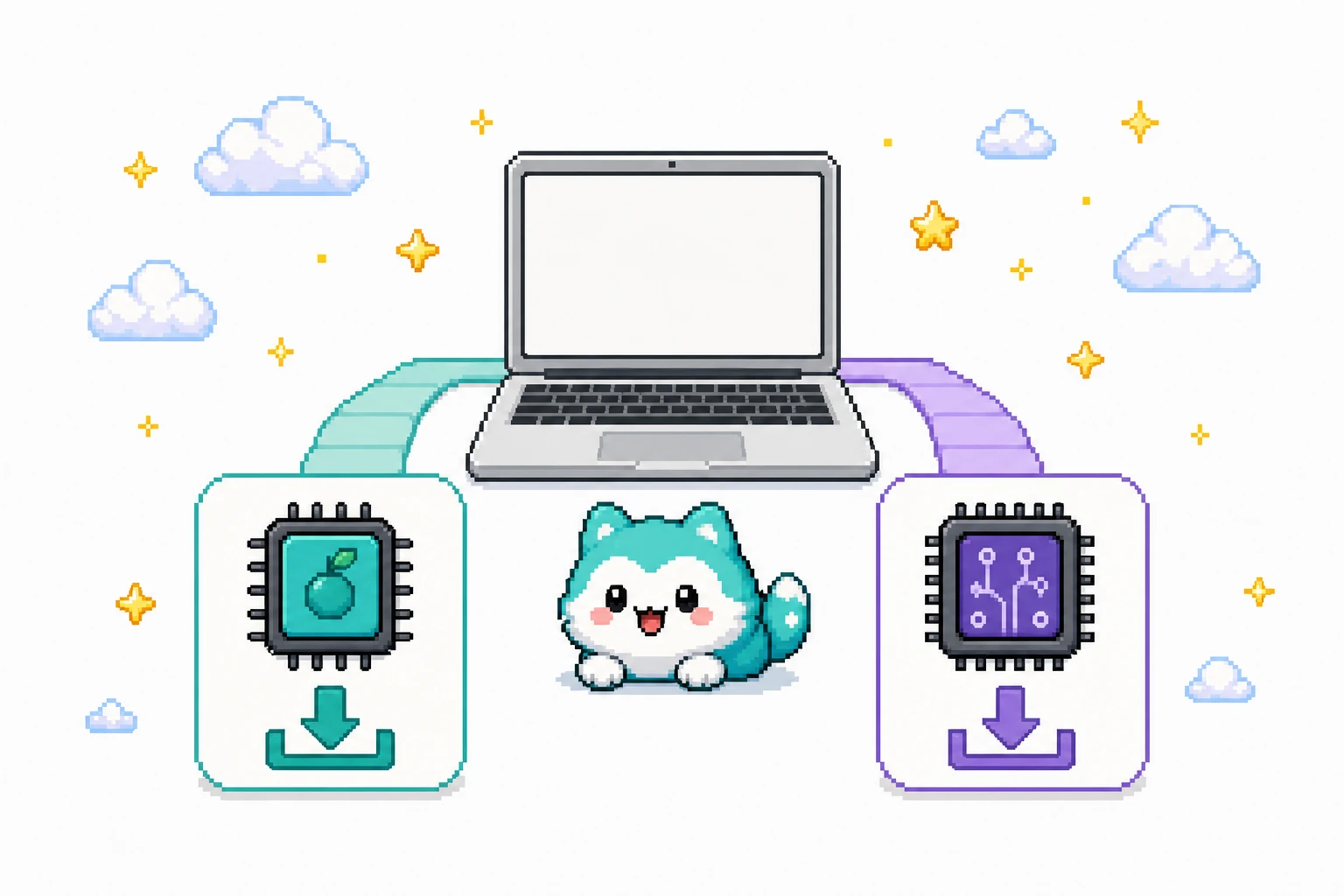 Pixel-art editorial illustration of Apple Silicon and Intel Mac download choices and desktop companion workflow