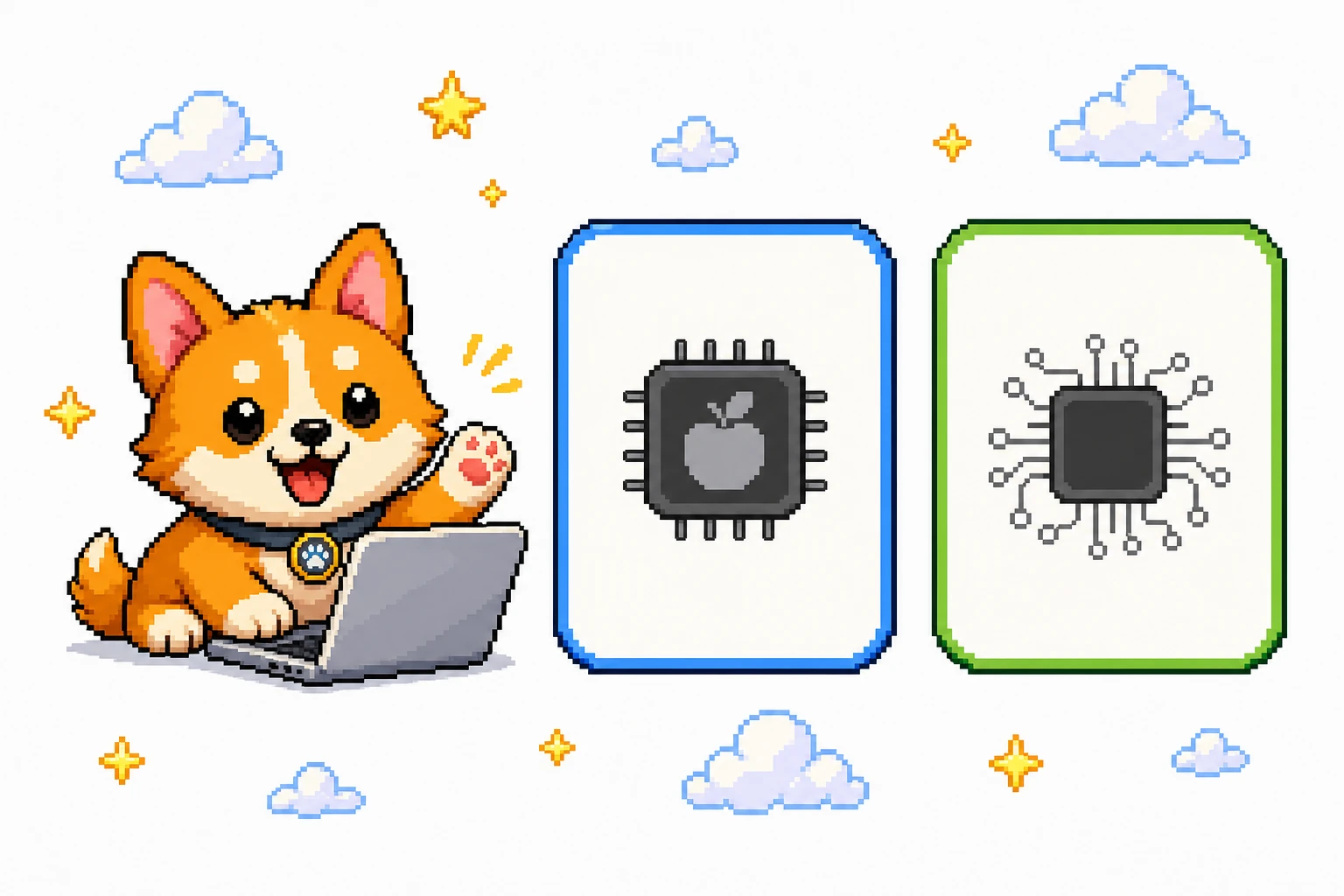 White editorial pixel-art scene of an OpenPets companion beside a Mac with two DMG download cards