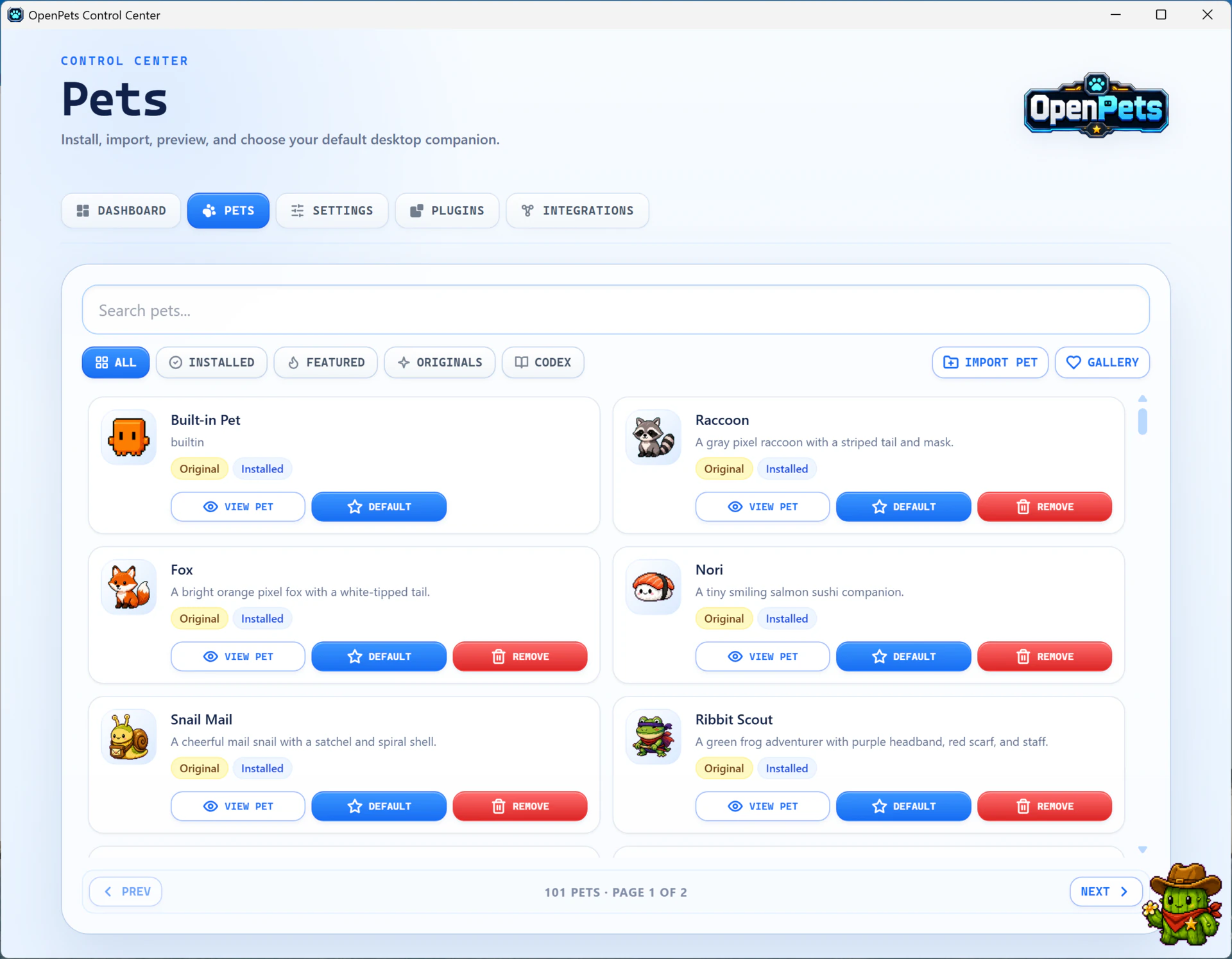 OpenPets Pets tab on Windows showing the searchable pet catalog with install, default, and remove actions