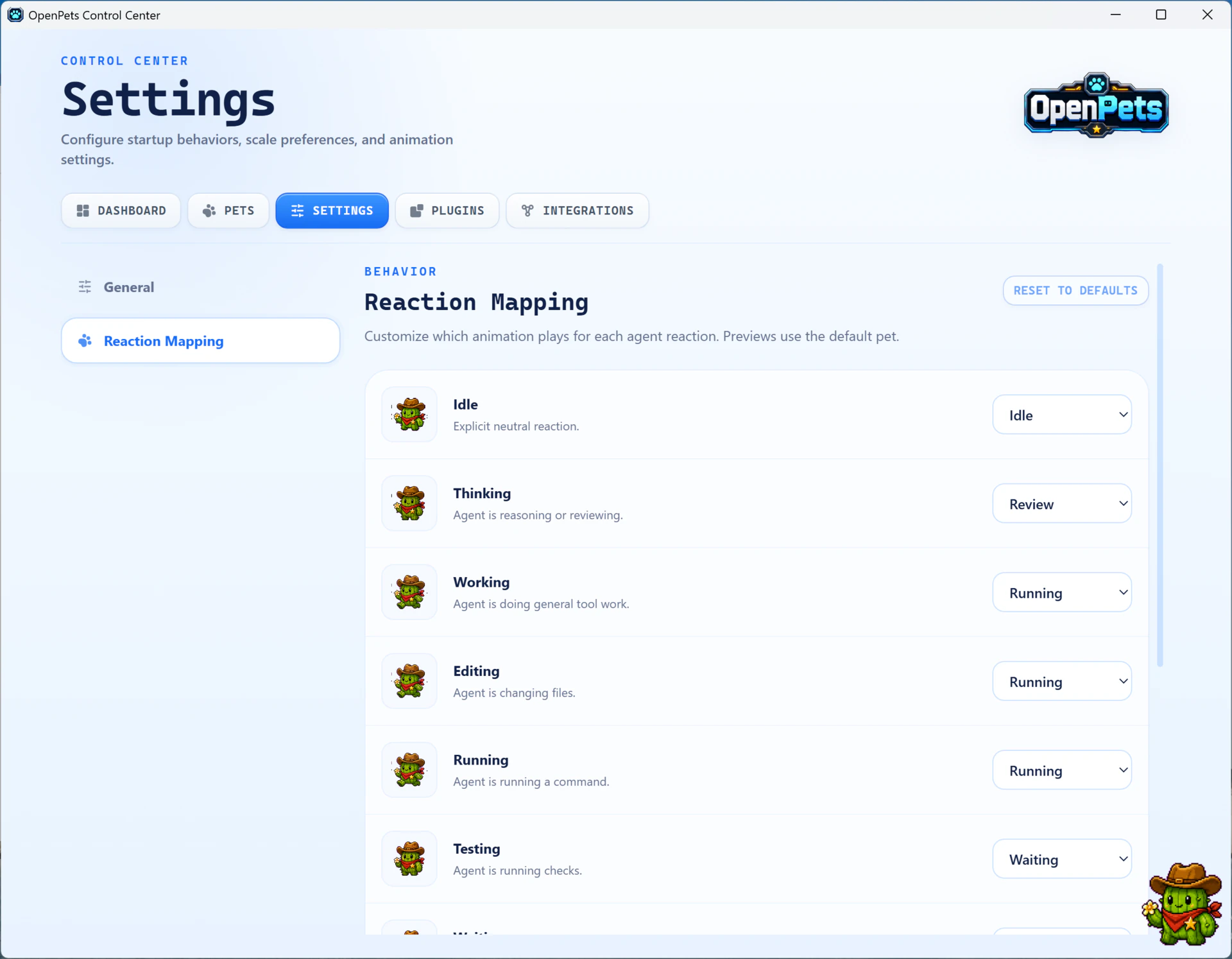 OpenPets Settings tab on Windows showing reaction mapping between agent states and pet animations