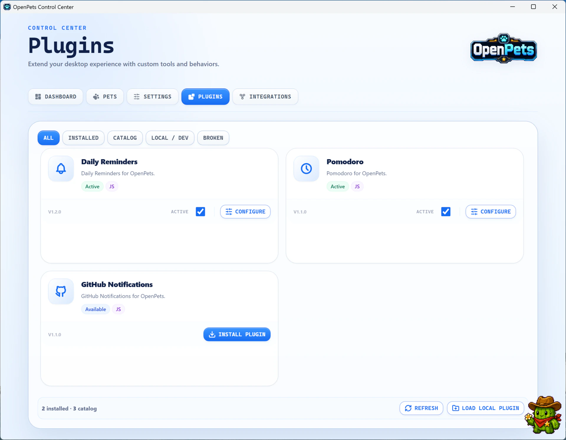 OpenPets Plugins tab on Windows listing Daily Reminders, Pomodoro, and GitHub Notifications plugins
