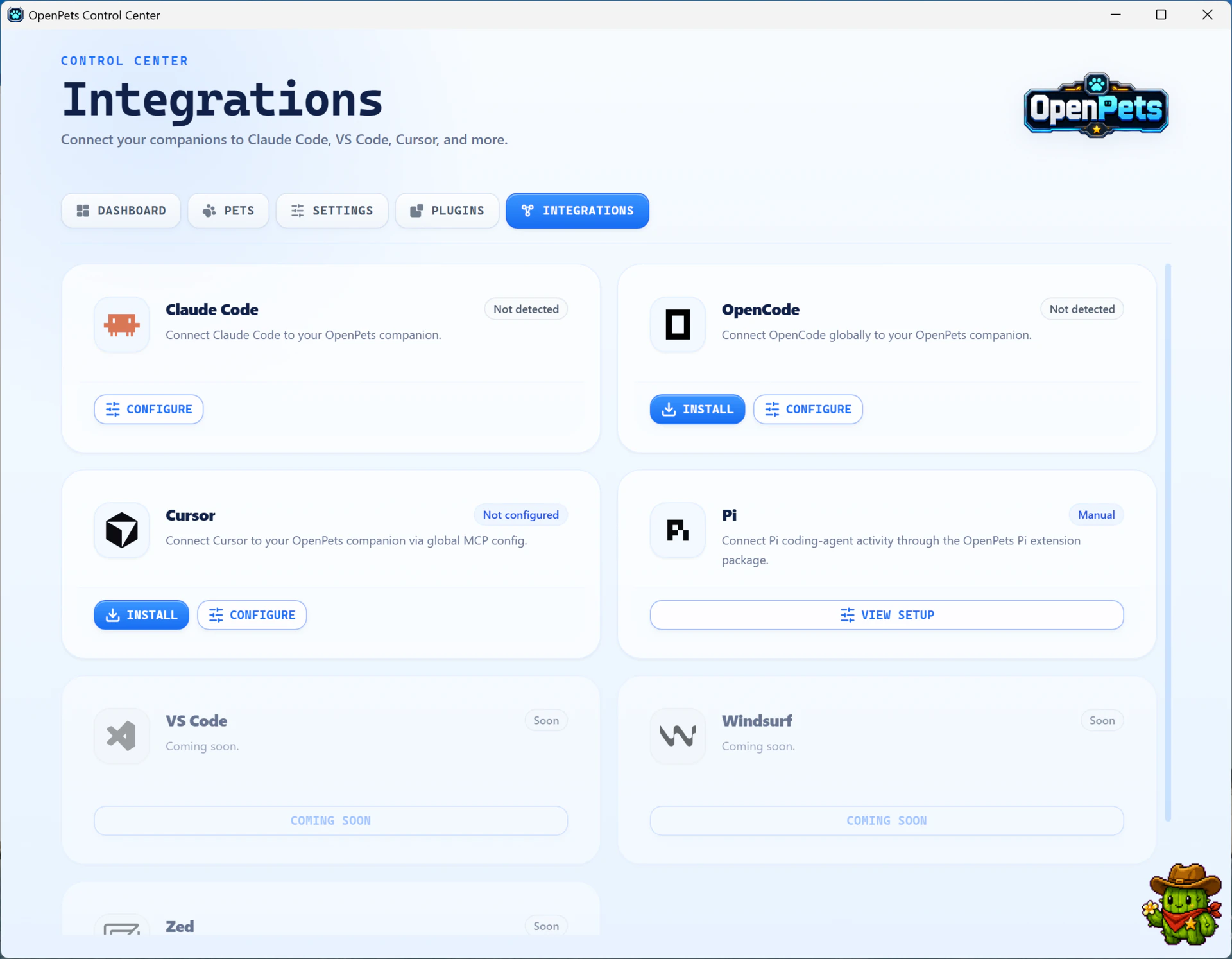 OpenPets Integrations tab on Windows with setup cards for Claude Code, OpenCode, Cursor, and Pi