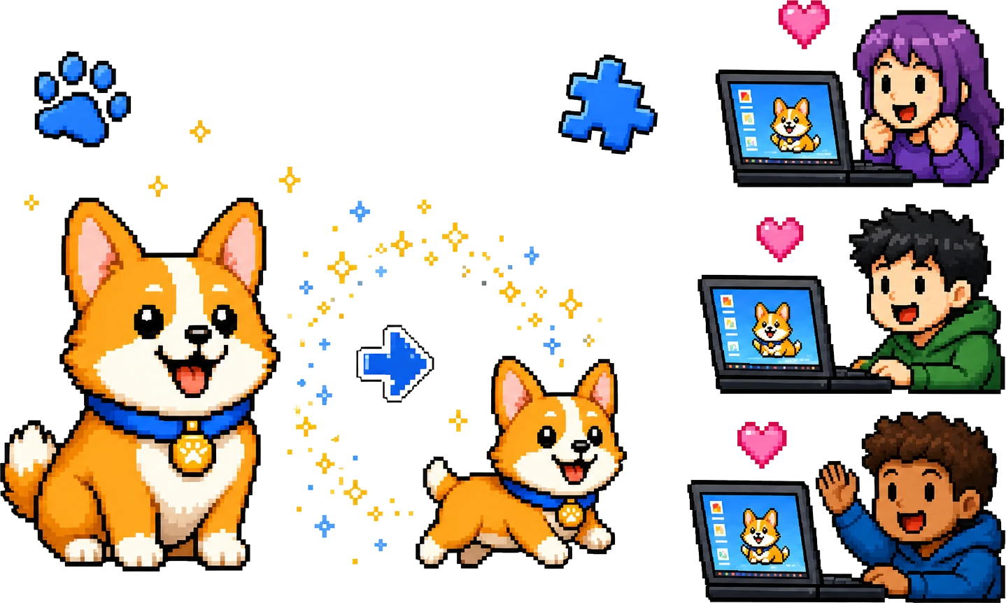 A corgi mascot turning into a small desktop pet with a sparkle trail, and three fans at laptops with the same corgi on their screens.