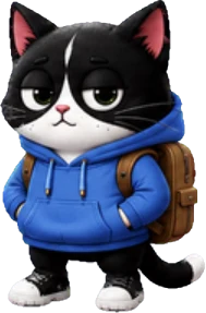 A tuxedo cat pet in a blue hoodie sitting under the assistant chat