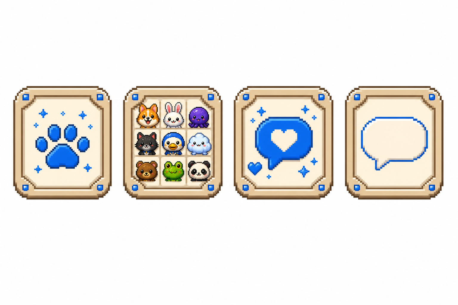A 16-bit pixel art graphic of four terminal-token pictograms representing status, pet listing, reactions, and speech, designed with a flat white backdrop, blue outlines, and warm neutrals.