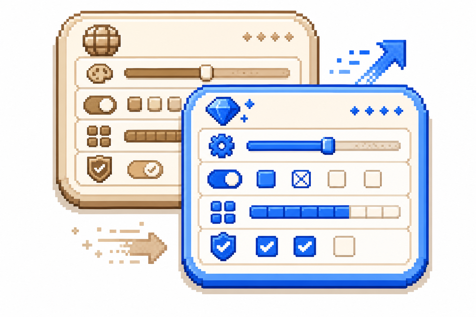 A pixelated 16-bit retro icon depicting two overlapping configuration cards, where the frontmost project card visually overrides the global card behind it, in site-blue and warm neutrals.