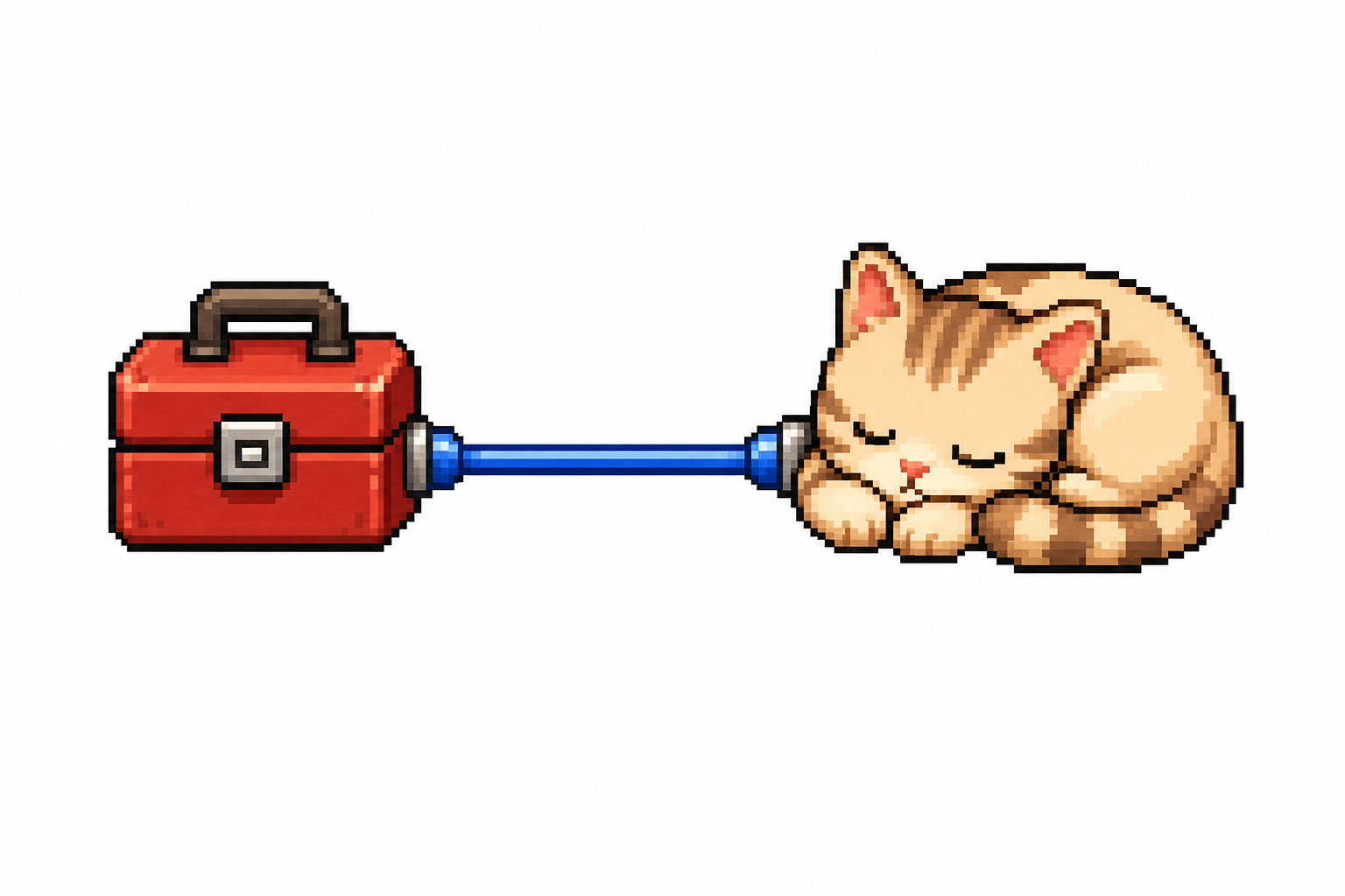 A cute 16-bit pixel art illustration of a local IPC pipe directly connecting a small toolbox on the left to a sleeping chubby cat on the right, on a solid white background in site-blue and warm tones.