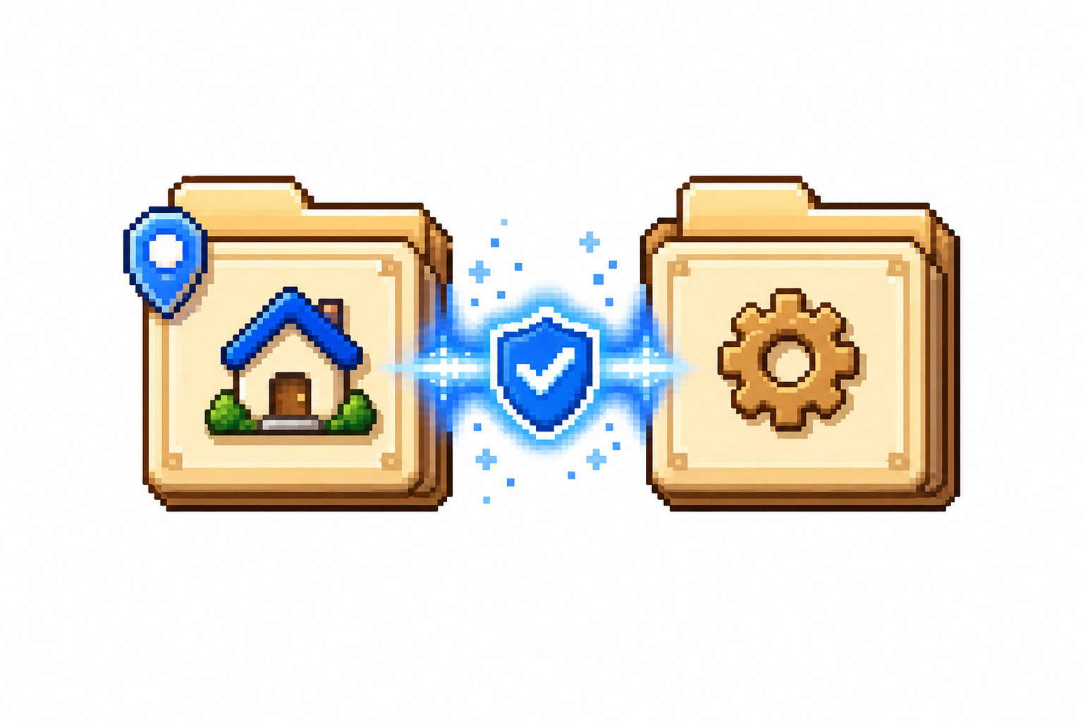 A retro 16-bit pixel art diagram showing two blocky configuration folders, one with a local-indicator symbol, merging safely together, styled in blue and warm neutral shades on a clean white background.