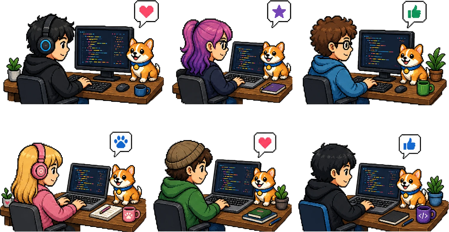 Seis desarrolladores en sus escritorios, cada uno con la misma mascota corgi junto a la pantalla.