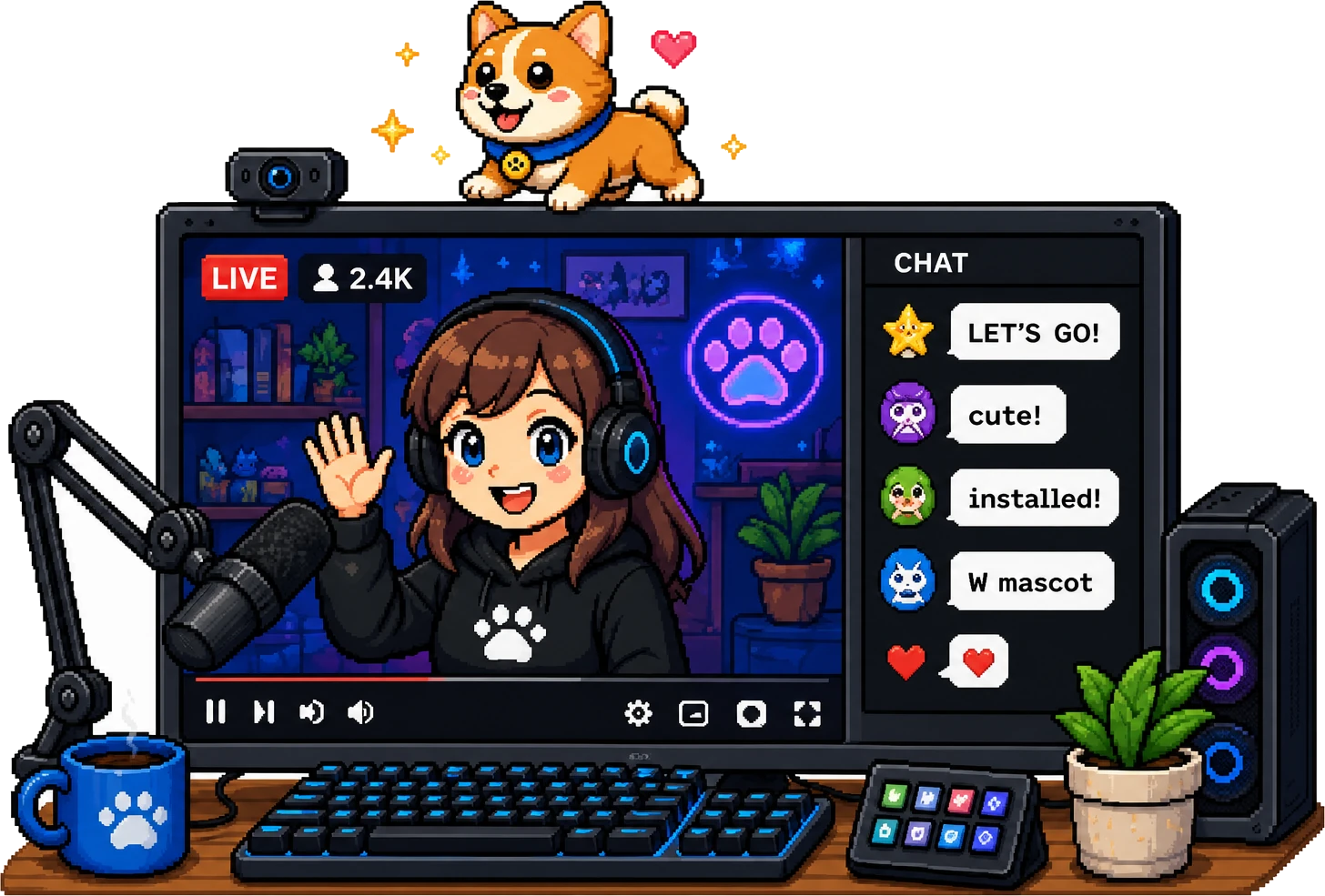 Escritorio de streaming pixel art: un directo en el monitor con el chat animando y la mascota corgi del streamer caminando por el borde superior de la pantalla.