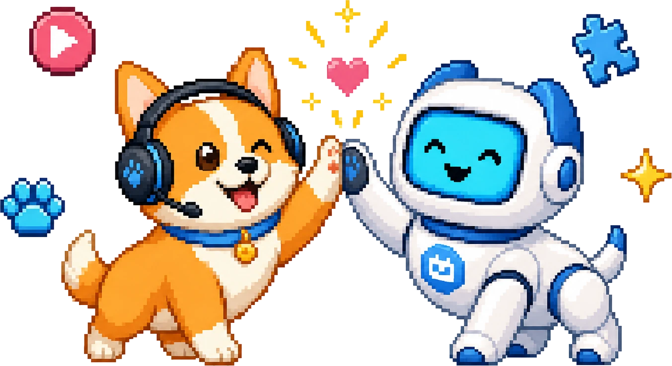 Pixel-art corgi with a streamer headset high-fiving a company mascot robot.