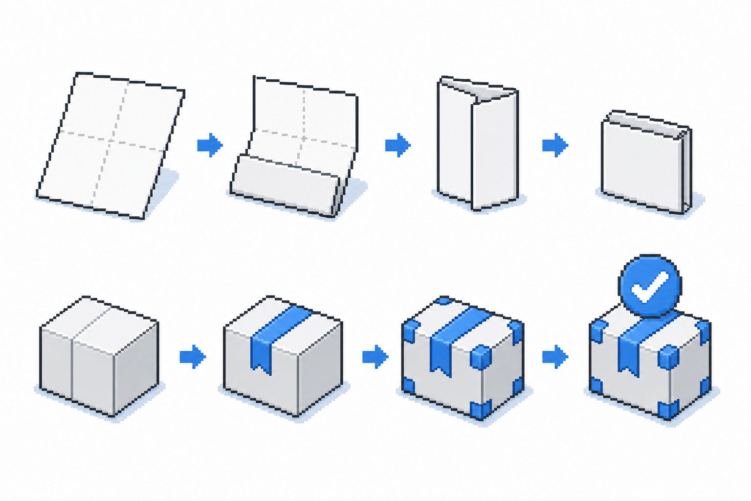 A 16-bit pixel art illustration on a flat white background displaying a structured paper manifest sheet being folded into a validated square package box with a blue checkmark seal, using neutral colors and digital blue.